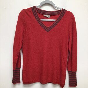 Smartwool Womens Pullover Sweater Red Black Marled Stripe Long Sleeve V Neck